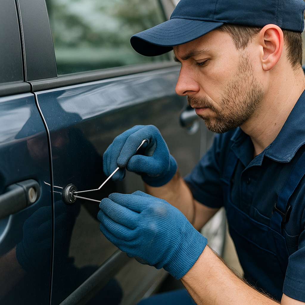 Ein Fachmonteur des Schlüsseldienstes Wuppertal-Cronenberg öffnet eine verschlossene Autotür sorgfältig mit speziellem Werkzeug.