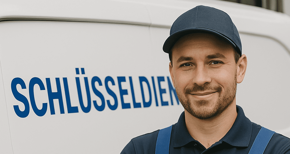 Ein freundlicher Mitarbeiter des Schlüsseldienstes Wuppertal-Cronenberg steht vor dem Servicefahrzeug und repräsentiert persönlichen Kundenservice.