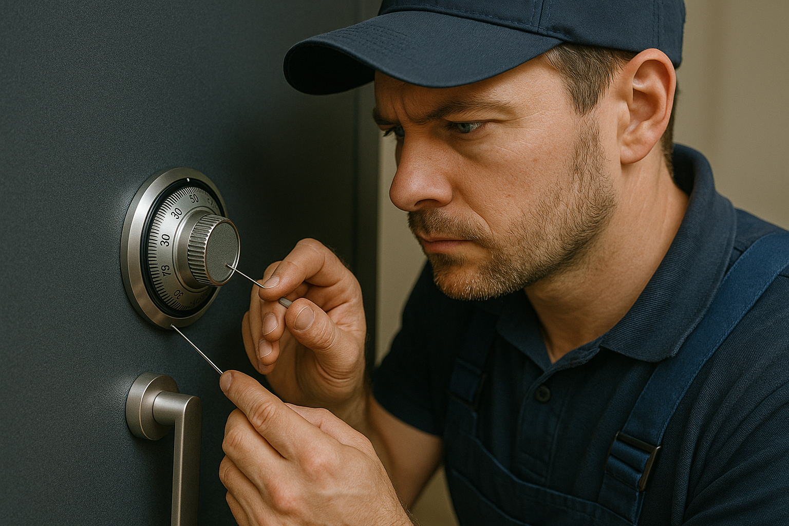 Ein Fachtechniker des Schlüsseldienstes Wuppertal-Cronenberg arbeitet konzentriert an einem Tresorschloss mit Zahlenkombination.